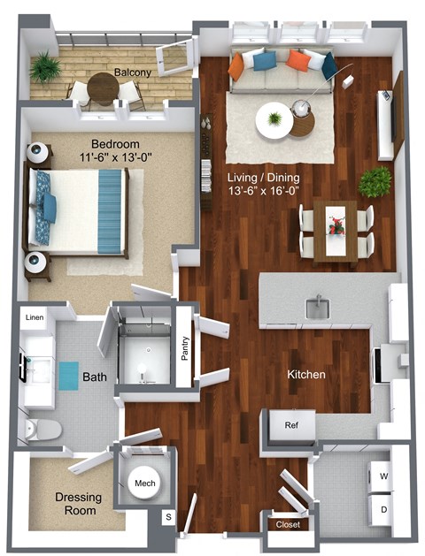 Floor plan for 1 bed, 1 bath, 836 sqft